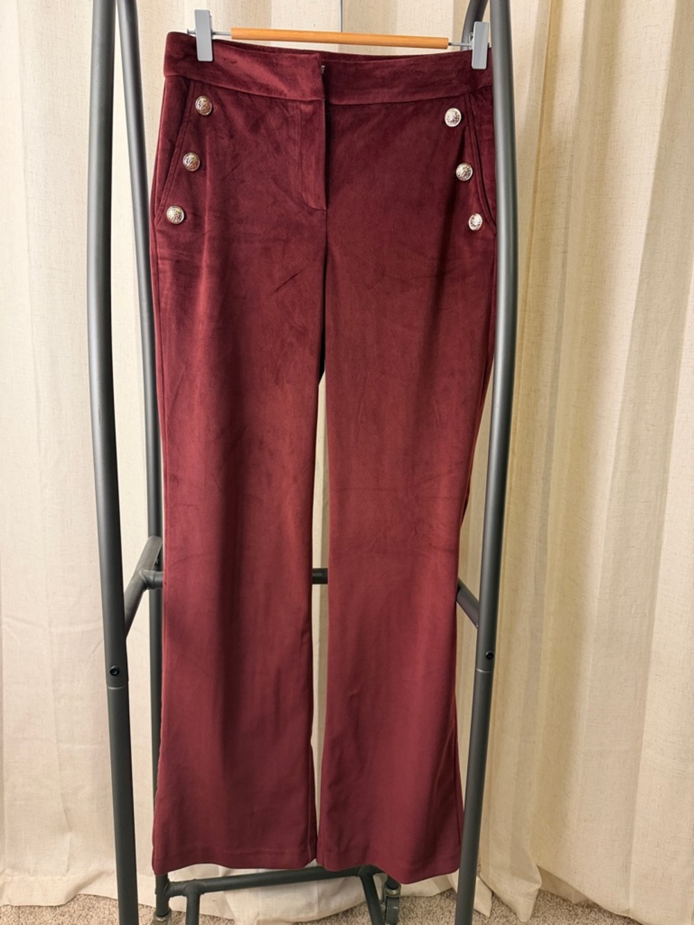 Mid-Rise Burgundy Trousers with Gold Medallion Buttons size US 4